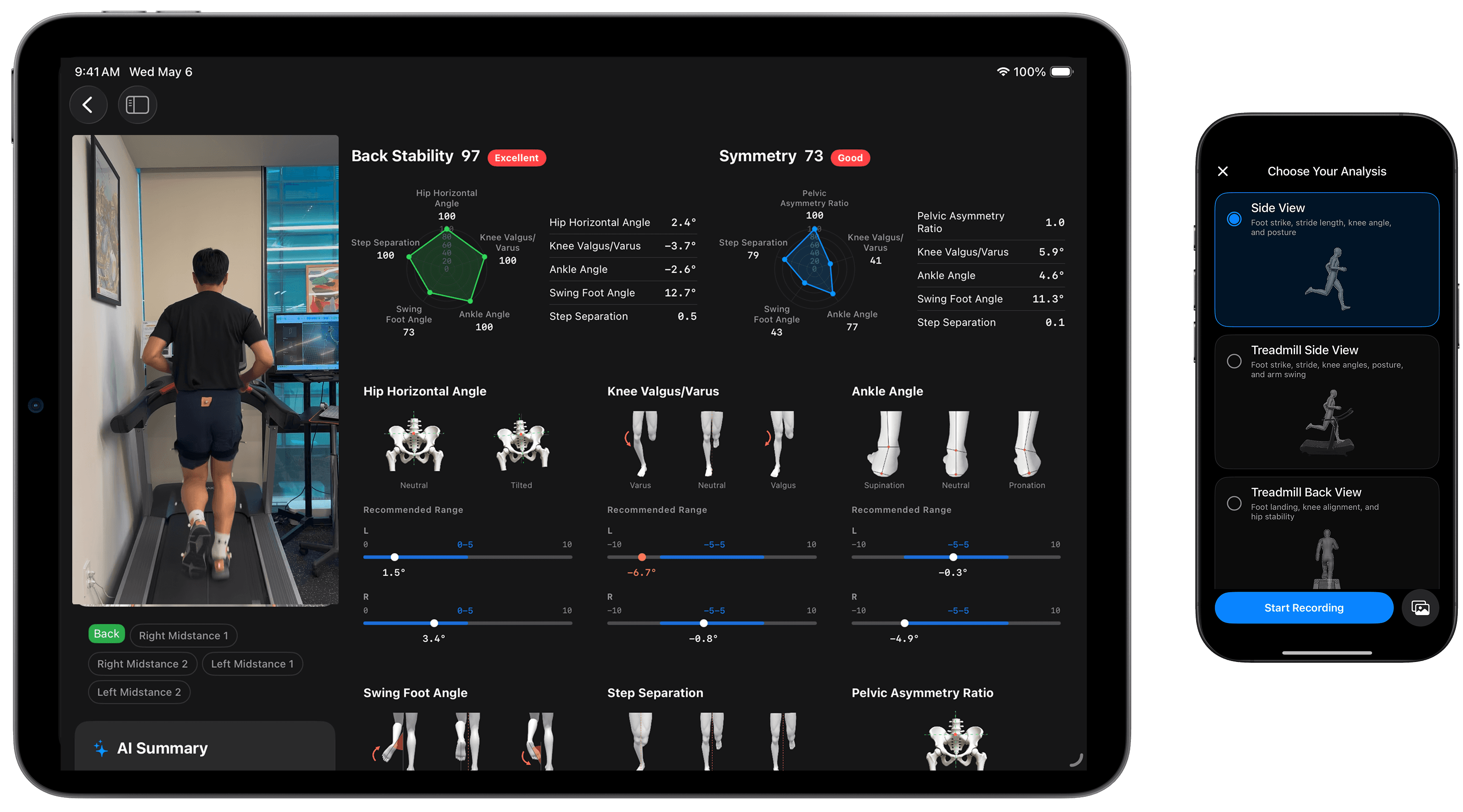 A running analysis report on a tablet alongside recording modes on a phone