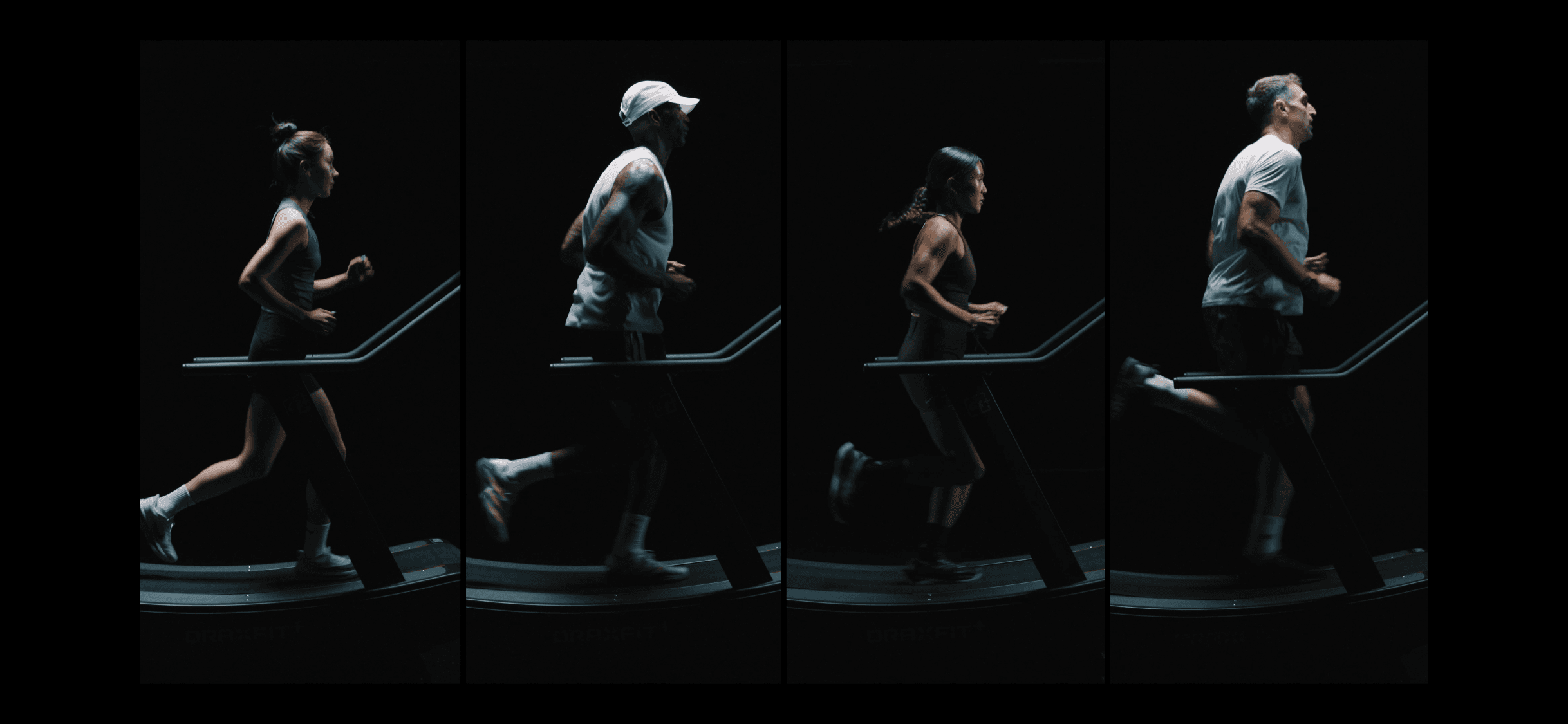 트레드밀에서 각자의 러닝 자세로 달리는 네 명의 러너